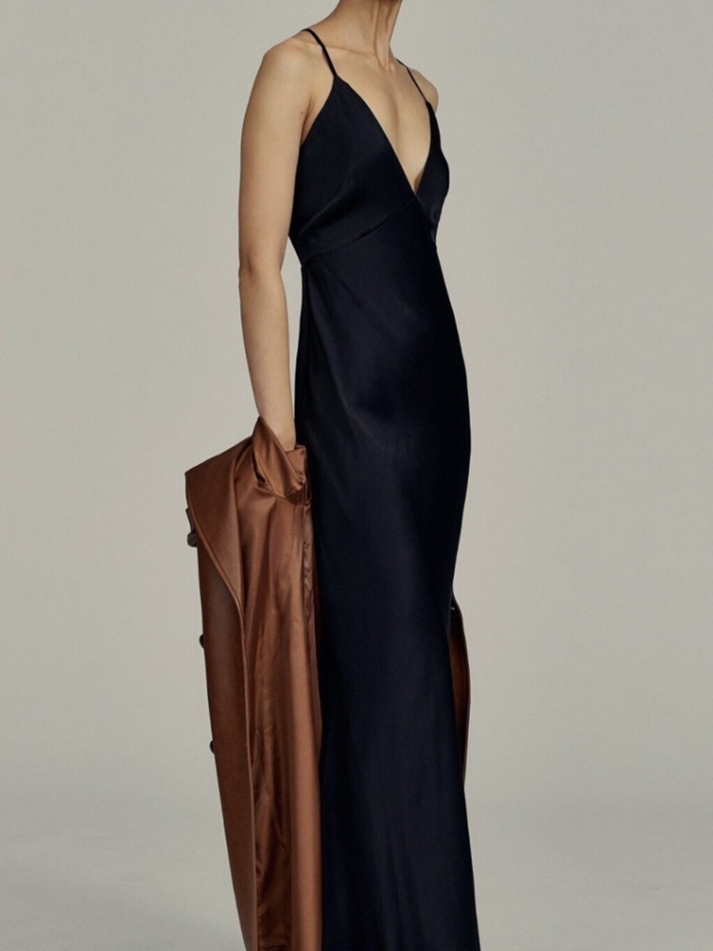 Anthropologie Black Satin Slip Dress with Crisscross Straps